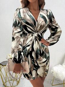 VaVaBold Robe à manches longues avec taille cintrée et imprimé aléatoire pour femmes