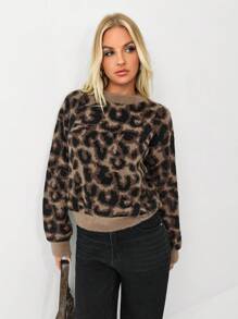 TRNVIE Women's Casual Leopard Pattern Crew Neck Sweater, Autumn/Winter,Long Sleeve Tops Knit Pullover Fall Outfit - Multicolor - View 1