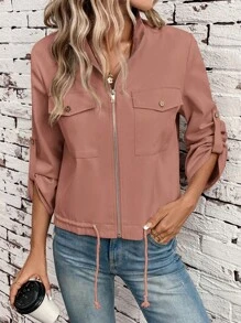 SHEIN LUNE Spring & Autumn Casual Solid Stand Collar Drawstring Hem Rolled Sleeve Short Jacket - Coral Pink - View 5