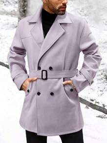 Manfinity Homme Men's Double-Breasted Pockets Belt Knitted Coat,Fall Men Clothes,Winter Men Coat