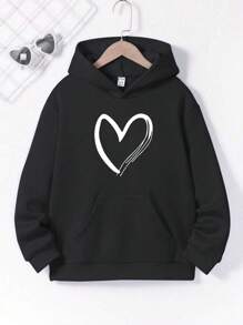 适合青少年女孩的休闲可爱爱心卫衣 - 黑色 - 查看 1