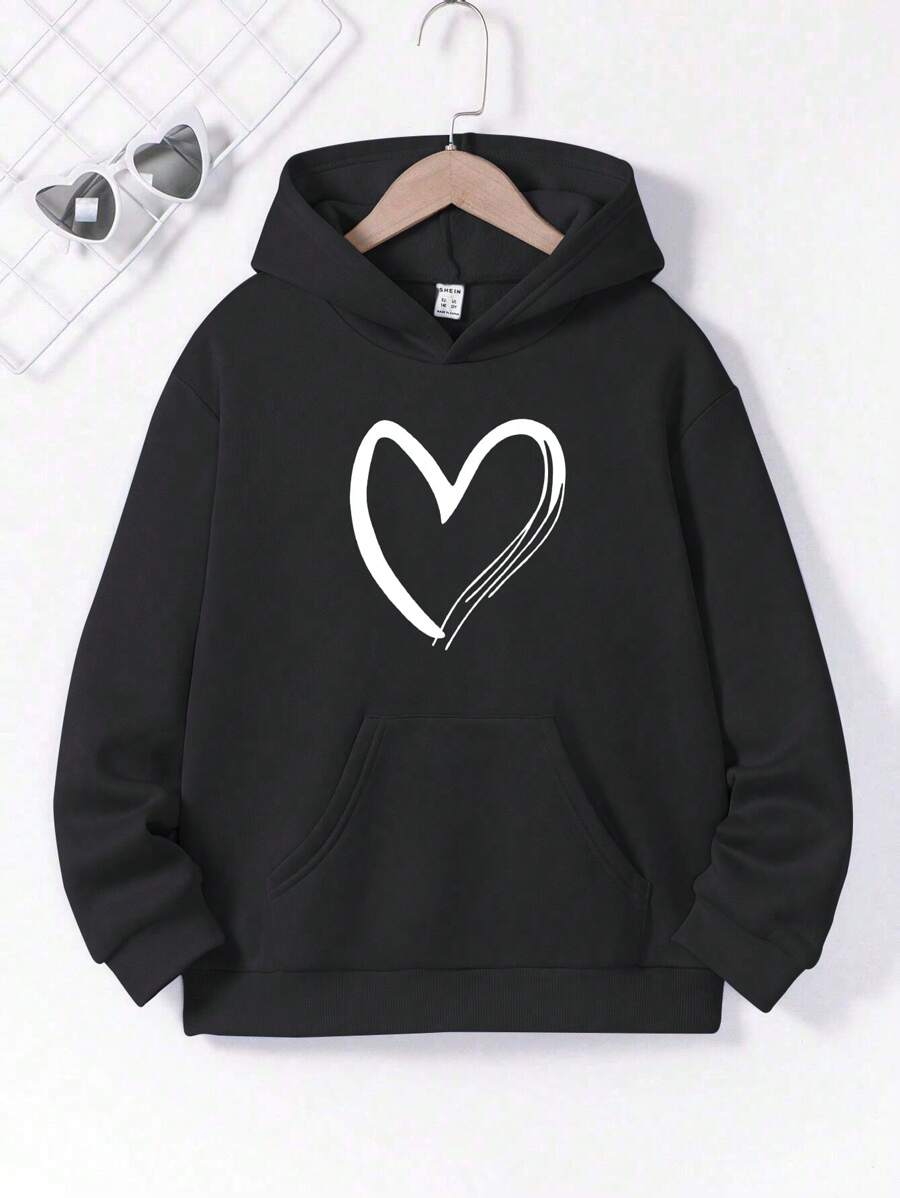 适合青少年女孩的休闲可爱爱心卫衣 - 黑色 - 查看 1