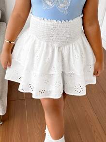SHEIN Tween Girls Extended Size Loose Casual Double Layer Embroidered Fabric High Waist Skirt