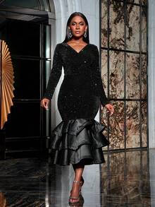 Faeriesty فستان سهرة أنيق وأنيق للنساء بياقة على شكل حرف V وأكمام طويلة وذيل على شكل ذيل السمكة: جسم مرصع بالخرز وكشكشات متدفقة للعشاء الرسمي وحفلات السجادة الحمراء وحفلات الخيرية والمناسبات الرسمية - الأسود - مشاهدة 3