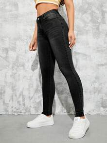 SHEIN Tall 正面纽扣多口袋水洗简约直筒牛仔裤，休闲日常穿着 - 黑色 - 查看 3