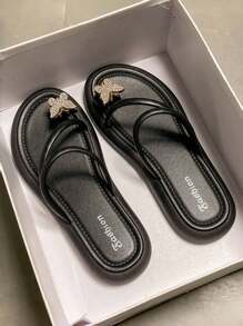 女式黑色凉鞋，带水钻蝴蝶设计，简约时尚，百搭休闲度假圆头平底凉鞋，柔软轻便，防滑，舒适，适合时尚青少年和年轻女性，户外，海滩，夏季 - 黑色 - 查看 4