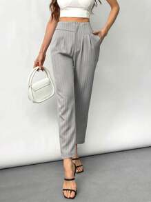 SHEIN Privé Women's Elegant Commuter Minimalist Fashion High-Waist Straight Leg Pants - Grey - View 6