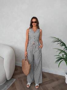 SHEIN LUNE 2pcs Striped Blazer Vest And Pants Set For Women - Black - View 4