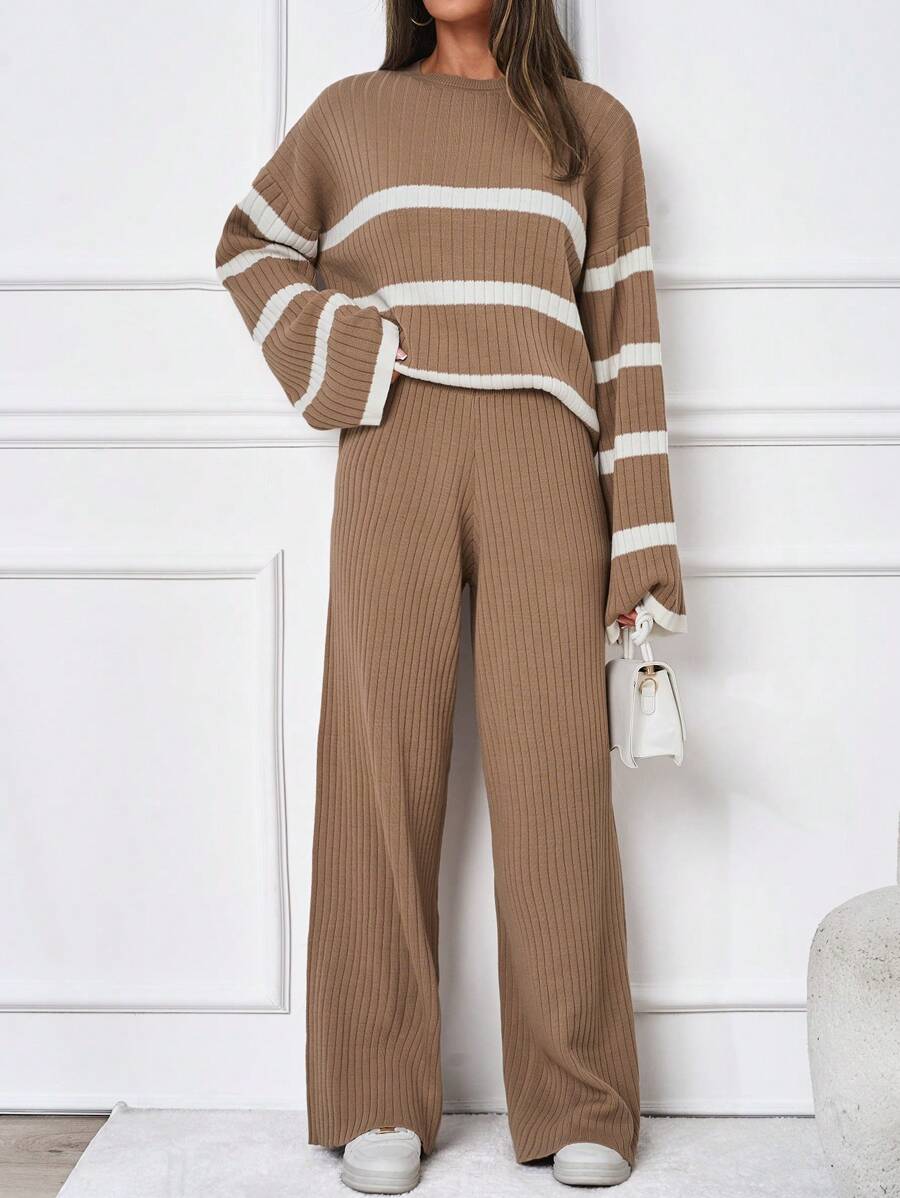 SHEIN Tall Women's Striped Drop Shoulder Sweater Two Piece Set - Camel - View 1