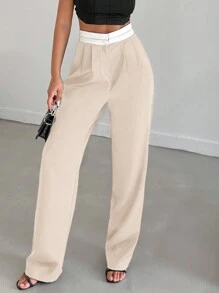 EURMUSE Women's Contrast Color Elegant Straight Leg Suit Pants - Beige - View 3