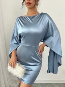 Chiquease Robe de vacances décontractée à manches chauve-souris en satin pour femmes