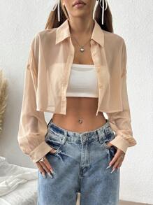 SHEIN EZwear قميص كاجوال أكمام طويلة أمامي أزرار لون أحادي قطعة واحدة - لون مشمشي - مشاهدة 6