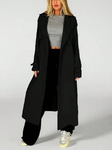 SHEIN PETITE Double Breasted Belted Trench Coat - Black - View 3