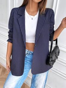 SHEIN Unity 海军蓝条纹女式专业工作西装外套 - 寶藍色 - 查看 3