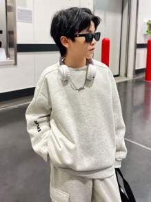 SHEIN 2pcs/Set Tween Boys Casual Korean Style Letter Print Graphic Crew Neck Sweatshirt And Relaxed Fit Solid Color Jogger Pants Set, Thermal Lined, Thickened