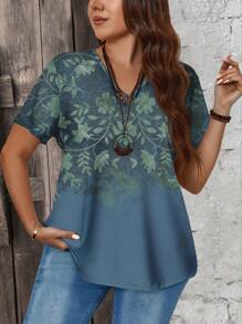 EMERY ROSE Summer Casual Vintage Pattern V-Neck Fitted Plus Size Women T-Shirt