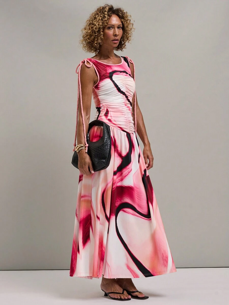 SHEIN Unity Women's Summer Fashionable Tie-Dye Ruched Sleeveless Dress - Multicolor - View 1