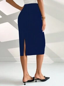 Chiquease 女式夏季优雅纯色开衩下摆半身裙 - 藏蓝色 - 查看 2