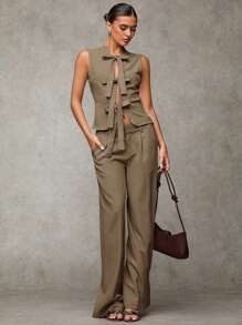 SHEIN BAE Women Solid Color Tie Strap Sleeveless Blouse - Brown - View 3