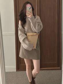 DAZY Women's Solid Color Open Shoulder Long Sleeve Sweater,Three Quarter Sleeve Tops