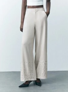 Maija Women's Wide Leg Loose Fit Elegant Office Trousers With Pockets & Rhinestone Decor
