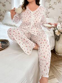 Conjunto de pijama de manga larga con lazo y estampado floral diminuto - Multicolor - Ver 6