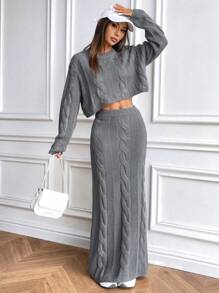 Chiquease 粗针织圆领宽松短款上衣毛衣 + 长裙套装