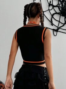 Flirla Chaleco informal sin mangas con estampado de calabaza para mujer, ropa de Halloween