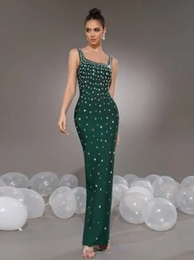 Modphy Neues elegantes ärmeloses olivgrünes Abendkleid mit quadratischem Ausschnitt, Strass-Verzierung und schmaler Passform für Hochzeit und festliche Anlässe