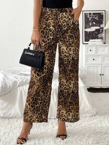 Chiquease Pantalon décontracté casual avec poches et imprimé léopard