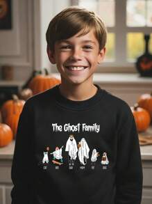 Tween Boy 1pc Older Kids Funny Letter & Ghost Family Graphic Print Fleece Pullover Sweatshirt For Halloween, Autumn/Winter, For Halloween Party - Black - View 1
