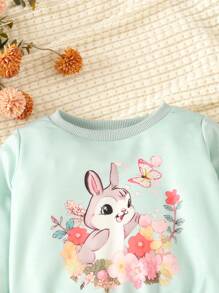女婴可爱兔子和花卉印花运动衫和裤子套装