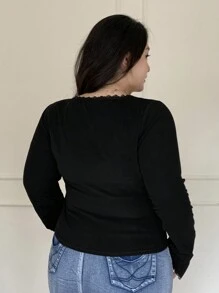 Dazy Plus Plus Size Solid Color Contrast Lace Square Neck Slim Fit Base Layer T-Shirt, Spring/Summer/Autumn Long Sleeve Women Tops,Fall Women Clothes - Black - View 2
