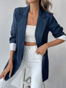 SHEIN Clasi 条纹袖口撞色翻领西装外套 - 粉色 - 查看 4