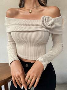 SHEIN Frenchy Women 3D Floral Off-Shoulder T-Shirt,Women's One Shoulder Knitted Autumn Long Sleeve T-Shirt,Fall Women,Winter Women Dress,Fall Shirts,Off Shoulder,