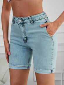 EURMUSE Roll Up Hem Denim Shorts - Light Wash - View 5