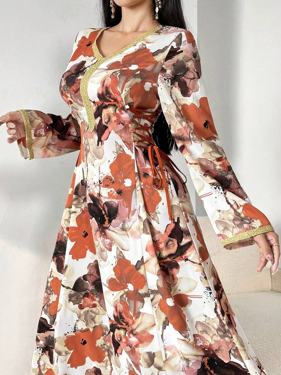 Al Najma 女式花卉印花长袖阿拉伯风格朴素连衣裙，优雅 A 字型阿拉伯卡夫坦 Jalabiya 朴素连衣裙 - 橘色 - 查看 1