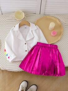 SHEIN 2pcs/Set Young Girl Fashion Elegant Top Jacket + Fuschia Pleated Skirt Outfit, Spring & Autumn