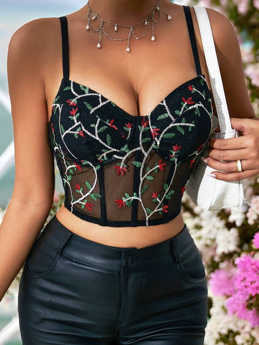 Zolique Women's Summer Sexy Embroidered Mesh Contrast Cropped Camisole - Black - View 1