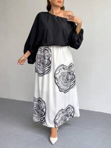 SHEIN Privé Sukienka damska w jednolitym kolorze z kwiatowym nadrukiem i asymetrycznym dekoltem w dużych rozmiarach - Czarne - Zobacz 5