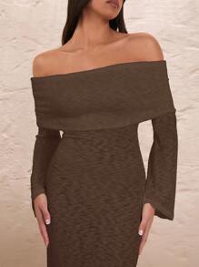SHEIN BAE Váy suông hở vai tay dài gợi cảm, kỳ nghỉ lãng mạn, tiệc cưới - Cà phê nâu - Xem 7
