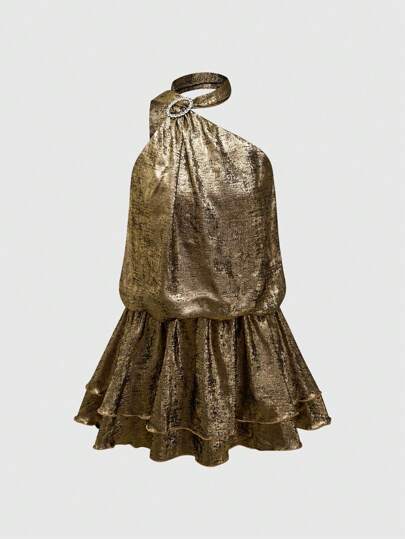 Kawaii Asymmetric Neck Tie Loose Mini Dress For Women, For New Year