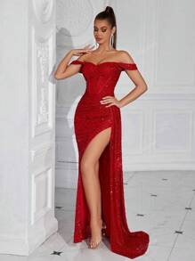 Elisanya Robe de cocktail à la taille plissée, à l'épaule dénudée, avec nœud et fente au dos. Robe de soirée élégante et formelle pour les invités de mariage, les remises de diplômes, les dîners. Avec paillettes