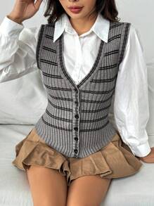 SHEIN Unity Striped Pattern Button Front Sweater Vest Without Blouse - Camel - View 5