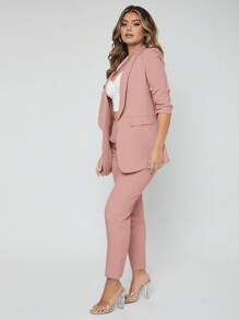 SHEIN SXY Conjunto de chaqueta y pantalón casual de talla grande para mujer, estilo liso con pliegues y manga 3/4, para uso en primavera y verano en la oficina - Rosa vieja - Ver 5