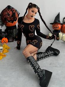 SHEIN Unity 女式万圣节卡通印花修身毛衣裙 - 黑色 - 查看 5