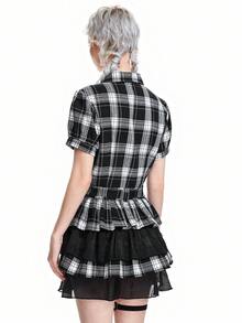 ROMWE Goth 女士黑白格子多层荷叶边衬衫裙 - 黑與白 - 查看 5