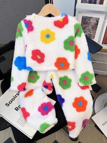 SHEIN 2pcs Set: Teddy Velvet Knit Ditsy Floral Fluffy Round Neck Loose Casual Top & Wide-Leg Loose Casual Pants For Young Girls,Super Soft And Warm,Autumn And Winter,Great For Casual & Daily Wear & School Daily,College Style, Back-To-School,Party