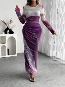 SHEIN Unity Đầm Maxi Tay Dài In Xếp Ly Cổ Tròn Cho Nữ Trang Phục Nữ - Màu tím - Xem 1