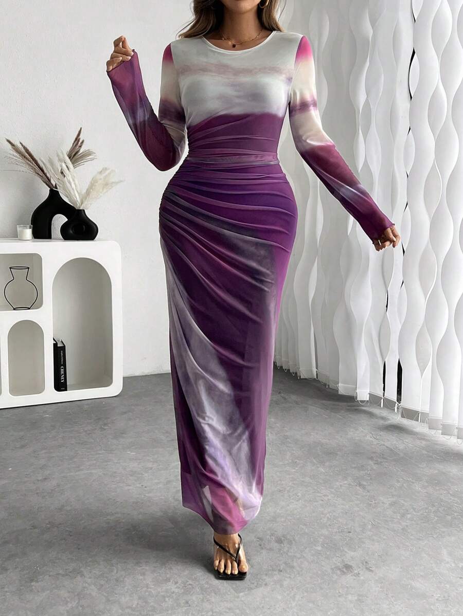 SHEIN Unity Đầm Maxi Tay Dài In Xếp Ly Cổ Tròn Cho Nữ Trang Phục Nữ - Màu tím - Xem 1